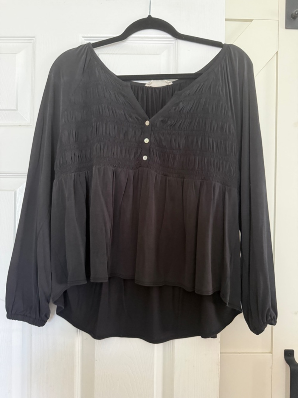Lucky Brand Black Smocked V-Neck Peasant Blouse